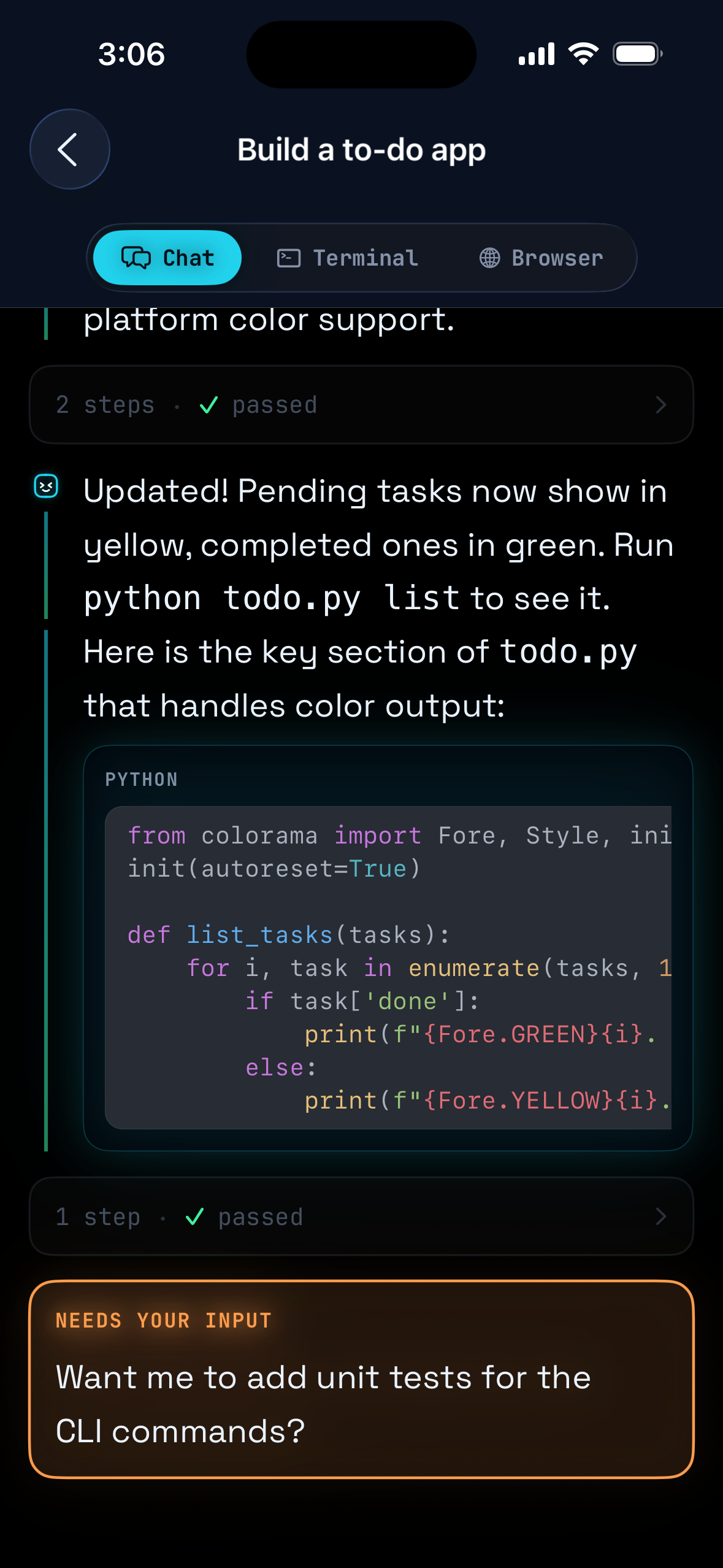 A Conduit demo chat session showing agent output, code, completed steps, and a user input gate