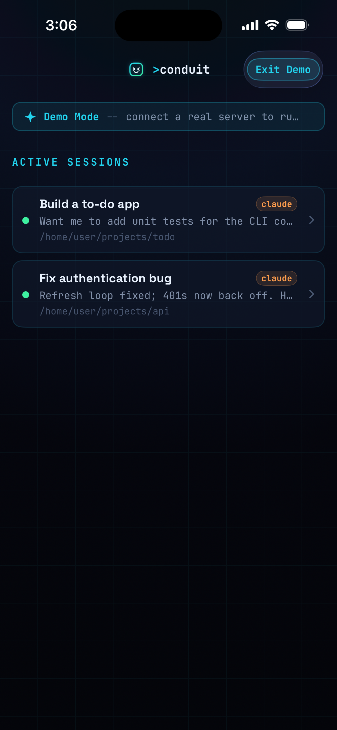 Conduit demo home screen showing active sessions and the demo server banner