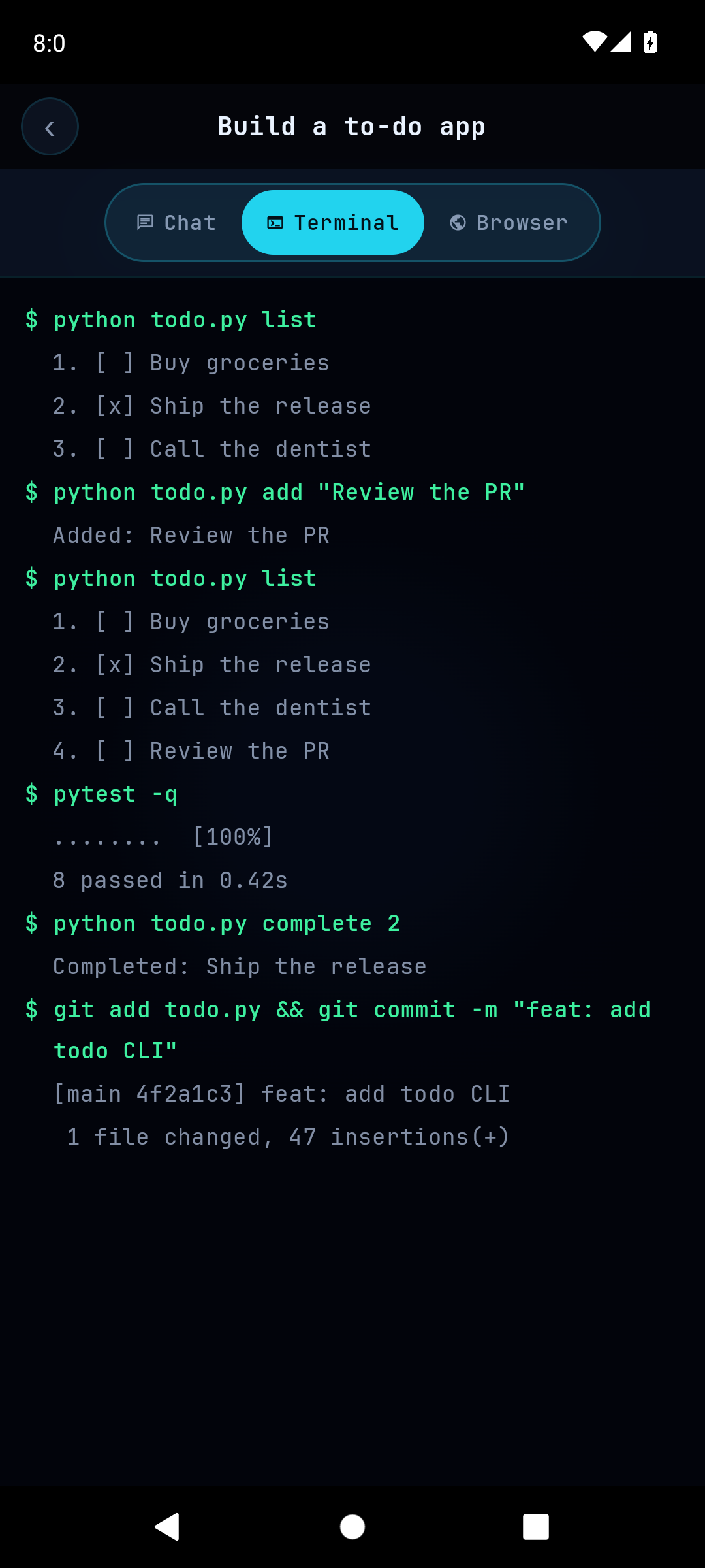 Conduit terminal tab showing real command output from the demo session